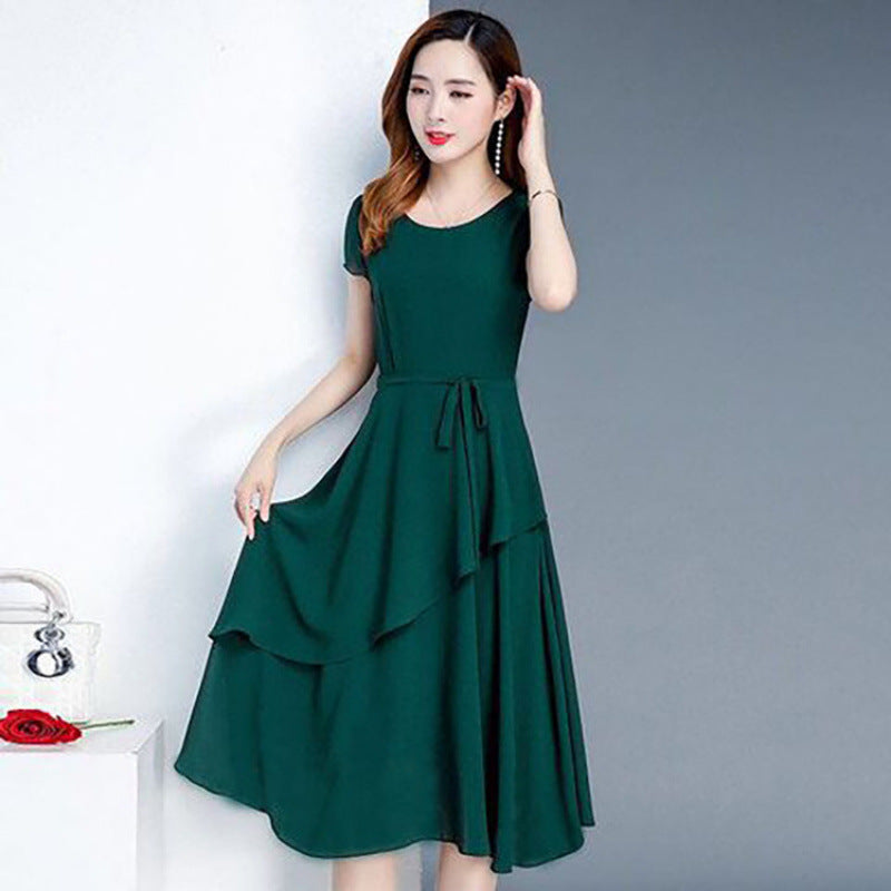 Summer New Fashionable Slimming Age-Reducing Skirt Elegant Mid-Length Style a Round Neck Plus Size Loose Women's Dress