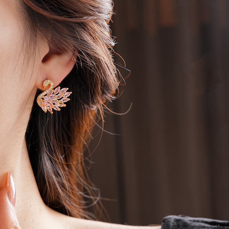 Real Gold Plated Silver Needle Zircon Swan Earrings Niche Light Luxury Exquisite ins Earrings with a high-end feel versatile for women