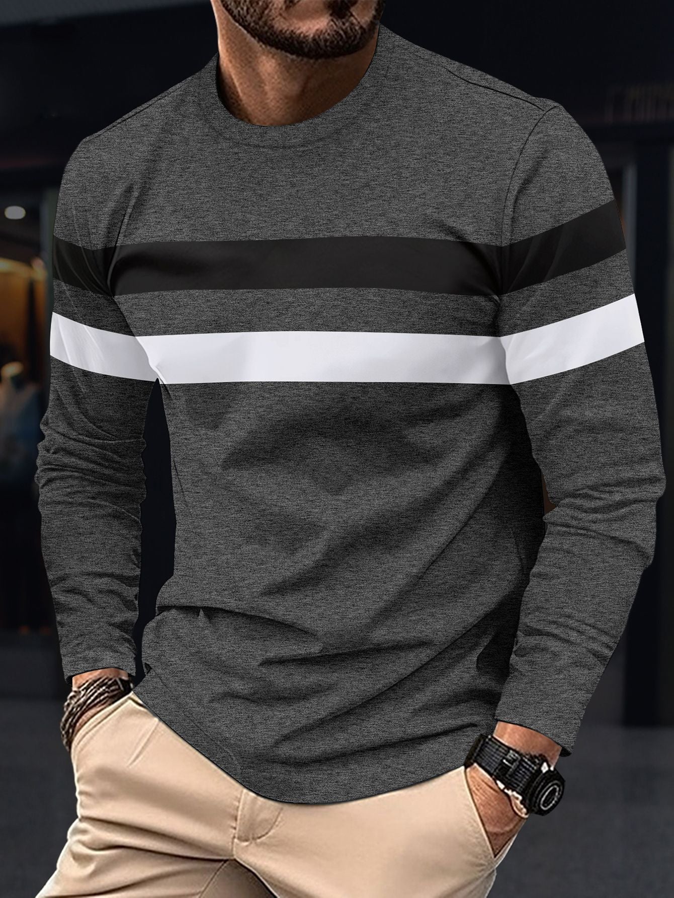 Cross-Border Trade Plus Size Autumn Winter Men's Crew Neck Long Sleeve Color Block Base Shirt Pullover Thin Long Sleeve T Men's T-shirt