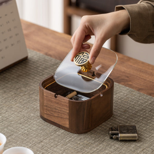 Walnut Ashtray for Home Living Room with Lid, Anti-Fly Ash, Stainless Steel Inner Liner, Creative Office Quality Ashtray