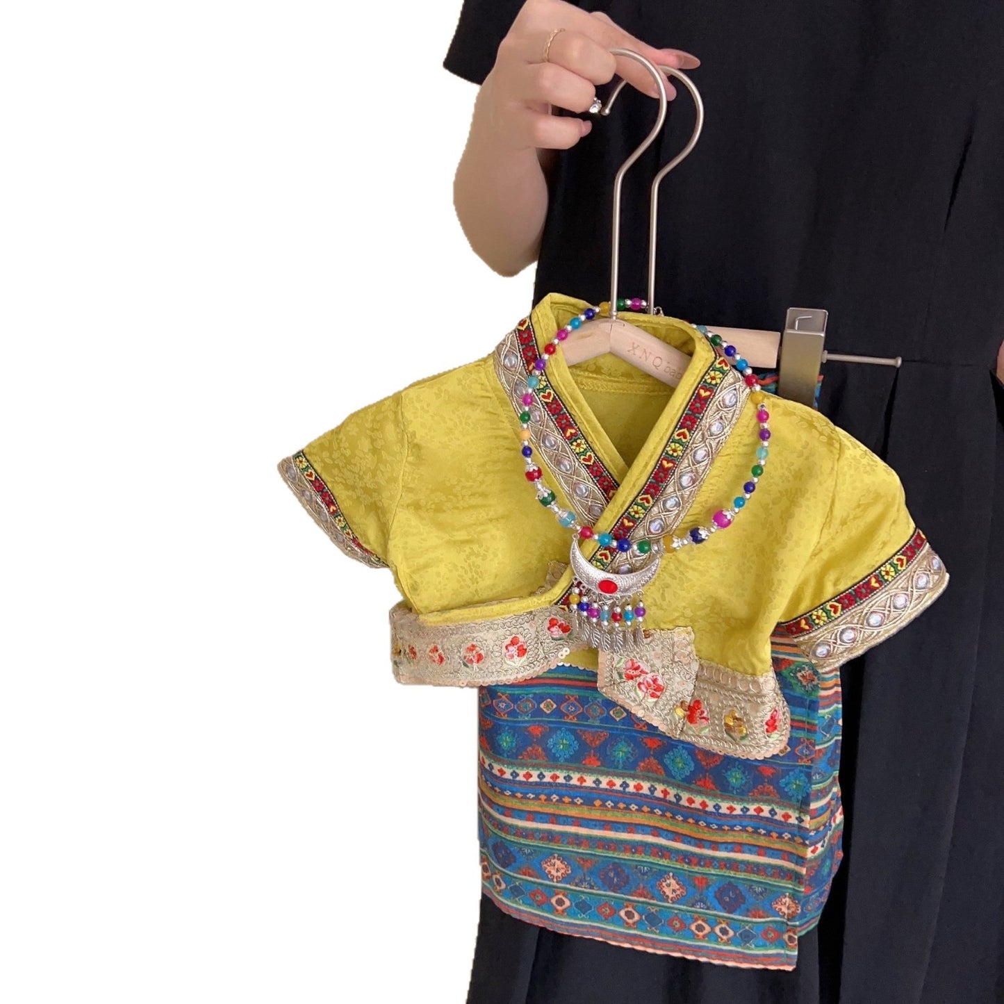 Girls25Summer Retro Dai Ethnic Style Set for Girls with Printed Skirt and Short Sleeve Tie Top Set