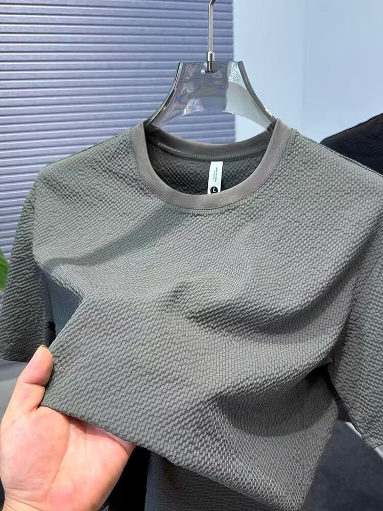 Summer New Bubble Gauze Texture High-end T Loose Round Neck Men's Short Sleeve T-Shirt T Solid Color Short Sleeve Versatile Top