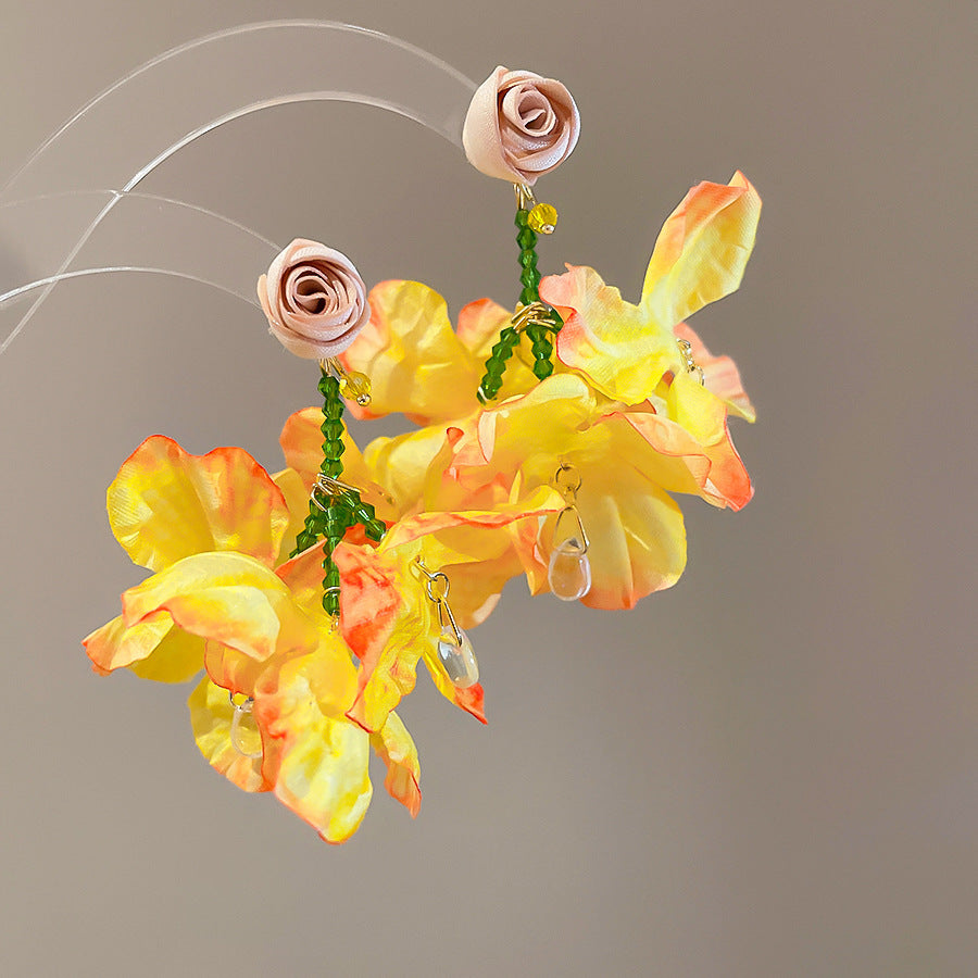 Resort Style Silver Needle Fabric Flower Tassel Earrings High-End Fashion Earrings Bohemian Sweet Exaggerated Ear Jewelry