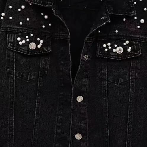 Amazon Cross-Border Southeast Asia Heavy Fashion Beaded Short Denim Jacket for Women Pearl Plus Size Jacket ns Top