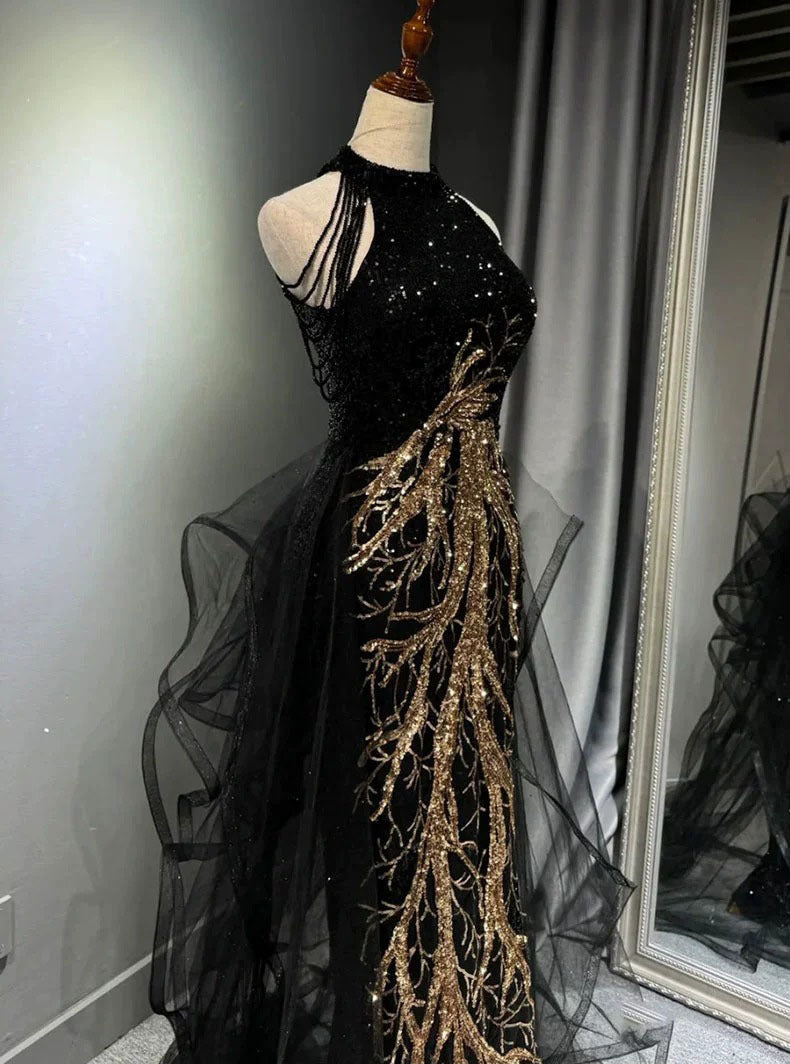 New Evening Dress Black High-End Slim Fit Elegant Socialite Host Halter Neck Mermaid Dress Wedding Toast Dress