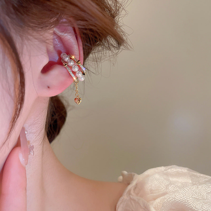 Diamond-encrusted Pearl Heart Tassel Ear Clip Artistic Retro French Ear Cuff Fashionable and Elegant Light Luxury Earrings Wholesale