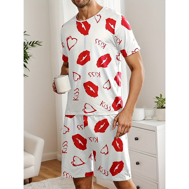 Cross-Border Delivery2025New Summer Men's and Women's Shorts Casual Kiss Print Couple Set Loungewear