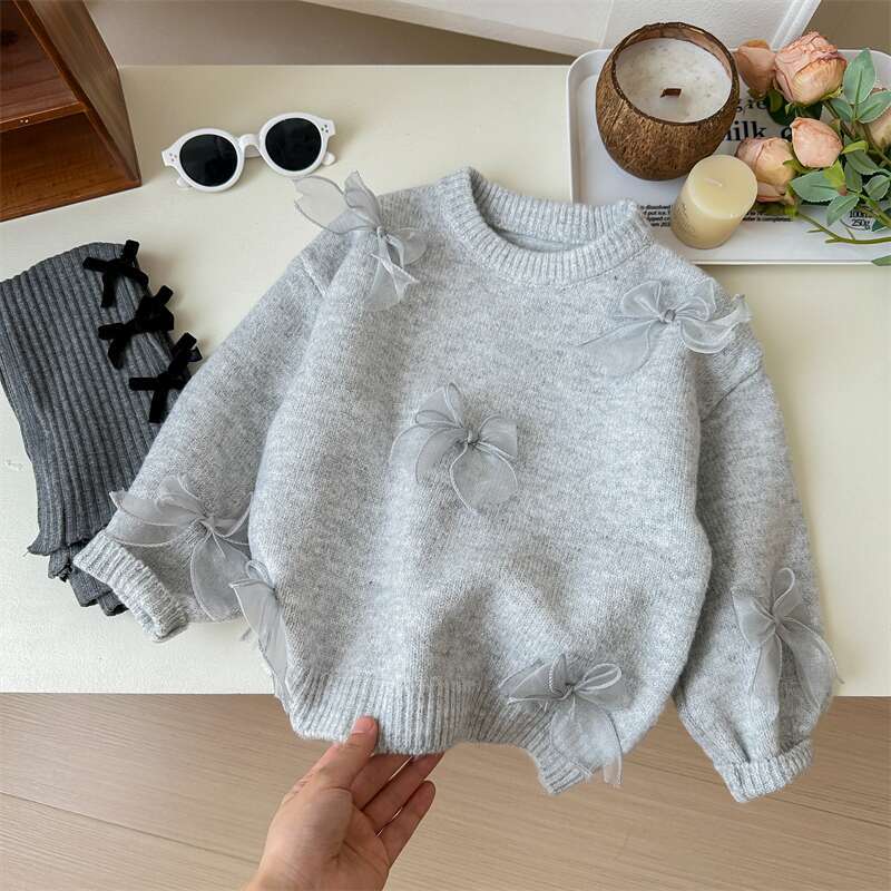 Sweet Little Sister Korean Children's Sweater Spring and Autumn New Fashionable Girls' Korean Style Fashionable Children's Bow Knitted Sweater