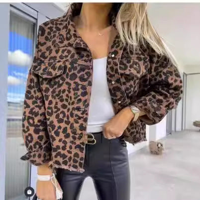 2024Amazon European and American Cross-Border Hot Trendy Washed Vintage Leopard Print Frayed Denim Jacket for Women