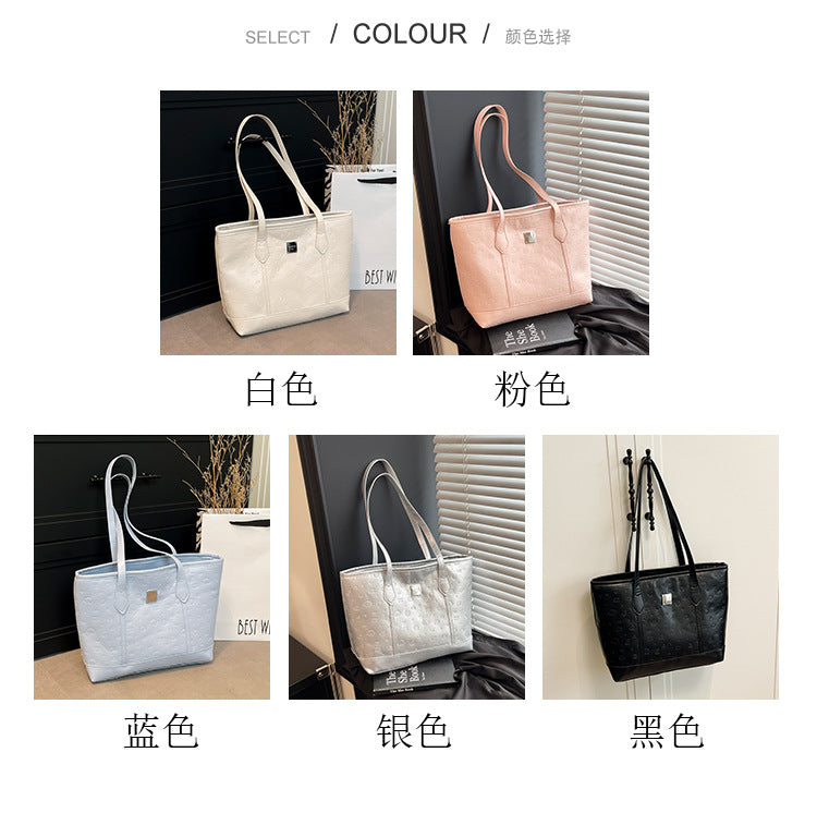European and American Trendy Simple Large Capacity Tote Bag2025New high-value casual cute embossed single-shoulder handbag
