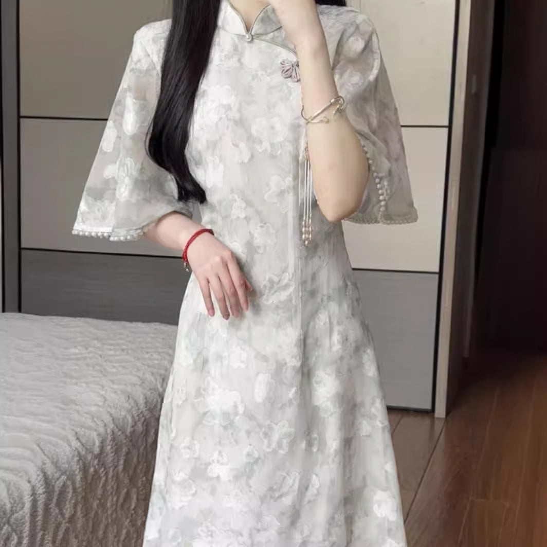 Matcha2024New Summer Style Fresh Elegant Improved Cheongsam Long Daily Youth Dress