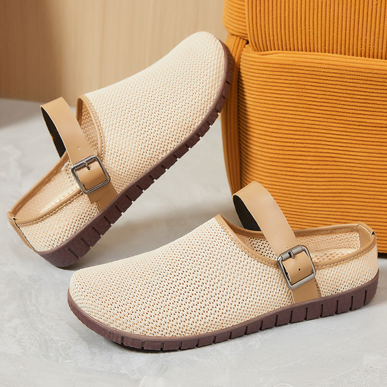 Shoes Women's Casual New Style Versatile Soft Sole Sandals insF French Style Women's Outdoor Slippers Flyknit Mesh Closed Toe Half Slipper