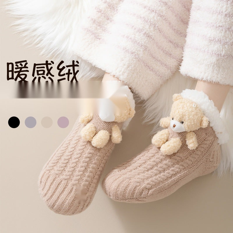 地板袜女冬季加绒加厚保暖羊羔绒可爱小熊春秋款居家睡觉暖脚短袜