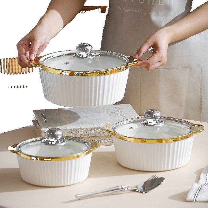 Gold Rim Large Soup Tureen with Lid – European Style Double Handle Serving Bowl